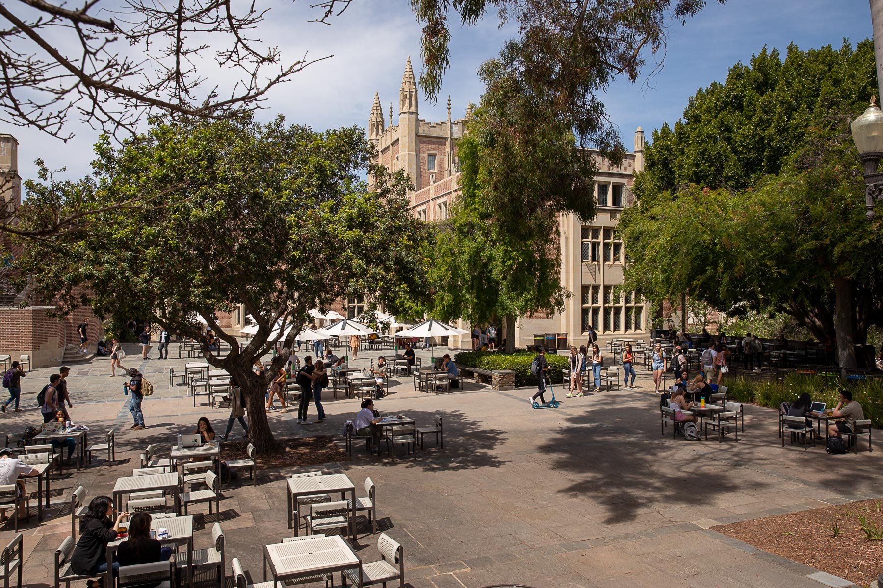 Kerkoff Patio with students sitting on the tables